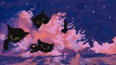 three black cats floating in the air above water and clouds with stars on it's side