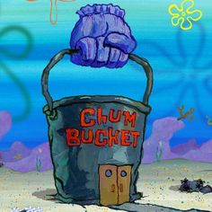 a cartoon character holding a bucket with the word chum bucket written on it in front of an ocean background