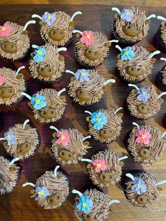 cupcakes decorated with flowers are arranged on a wooden table and placed in the shape of animals