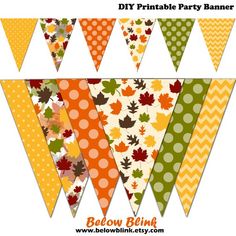 a banner with leaves and polka dots is shown in the shape of an autumn pennant