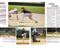 the baseball players are in action on the field, and ready to catch the ball