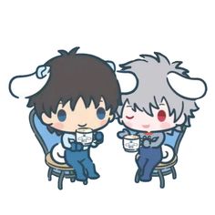 two anime characters sitting in chairs and one is holding a cup with something on it