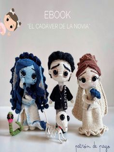 three crocheted dolls are standing next to each other in front of a white background