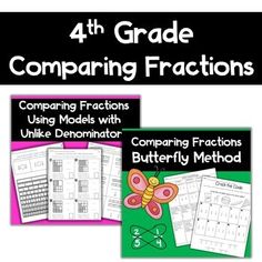 four posters with butterflies and numbers for comparing fractions