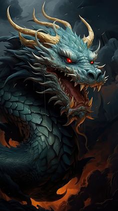 a blue dragon with red eyes is in the dark clouds and has its mouth open