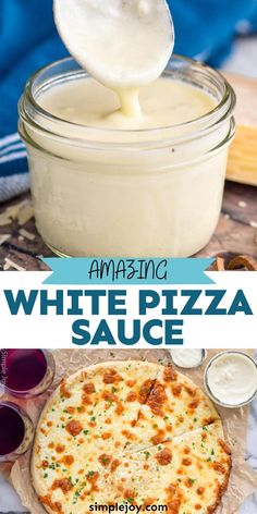 white pizza sauce is being poured into a glass jar and topped with melted cheese on top