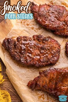 grilled pork steaks on parchment paper with text overlay