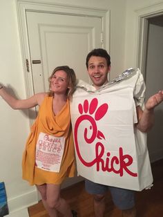 a man and woman are holding a sign that says chick