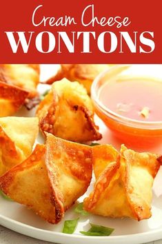 cream cheese wontons on a plate with dipping sauce