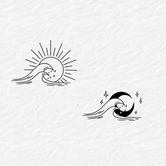 two black and white drawings of the sun, moon and waves on paper with water