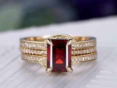 ad eBay - Find many great new & used options and get the best deals for 3Ct Emerald Simulated Red Ruby Engagement Ring Band Set 14K Yellow Gold Plated at the best online prices at eBay! Free shipping for many products! Ruby Wedding Rings, Trio Ring, Detailed Engagement Ring, Emerald Engagement Ring Cut, Ruby Engagement Ring, Band Engagement Ring, Eternity Ring Diamond, Pretty Rings