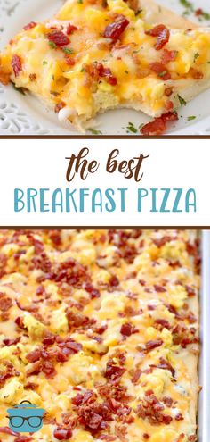 image shows an overhead shot of a piece of breakfast pizza with a bite taken out, title in middle and lower image is an overheard shot of breakfast pizza full pan. Best Breakfast Pizza, Huge Family, Family Breakfast, The Best Breakfast, Breakfast Meal Prep