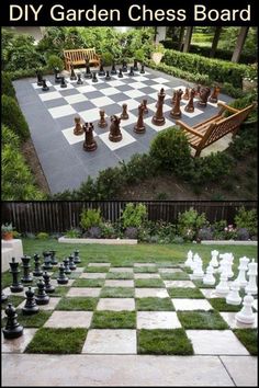 a garden chess board is shown in two different pictures, and the same one has grass on it