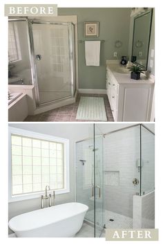 Bathroom before and after with freestanding tub and glass walk in shower Bathroom Plumbing Fixtures, Polished Nickel Bathroom, Grey Bathroom Cabinets, Gray And White Bathroom, Interior Design Help, Polished Nickel Hardware, Mindful Gray, Black Mirror Frame