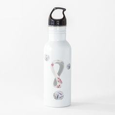 a white water bottle with an image of a woman's face on the side