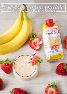 a smoothie with strawberries and bananas on the side, next to it is a carton of cremer protein shakers