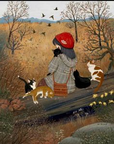 a painting of a woman walking with her cats in the woods and birds flying overhead