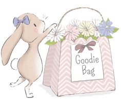 a cartoon bunny carrying a goodie bag with daisies and daisies in it