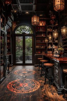 an ornately decorated bar with wooden floors and dark wood walls, surrounded by glass doors