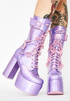 Club Exx Holographic Butterfly Chain Platform Boots Purple | Dolls Kill Butterfly Boots, Rave Shoes, Holographic Butterfly, Butterfly Chain, Goth Shoes, Kawaii Shoes, Purple Shoes, Stiletto Boots, Aesthetic Shoes