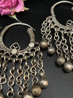 Vintage Silver Tribal Afghani Hoops With Drop Dangles - Etsy Festival Dangle Hoop Earrings With Latkans, Bohemian Oxidized Chandelier Earrings For Wedding, Bohemian Chandelier Earrings With Oxidized Finish For Wedding, Silver Oxidized Chandbali Chandelier Earrings, Silver Chandbali Chandelier Earrings With Oxidized Finish, Bohemian Oxidized Chandelier Earrings For Festivals, Silver Hoop Earrings For Festivals With Intricate Design, Silver Hoop Earrings With Oxidized Finish For Festive Occasion, Traditional Festival Chandelier Earrings With Intricate Design