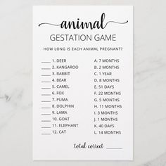 Struggling to find the perfect baby shower decor? Our editable templates for invitations, banners, games, and more make it easy! Animal Gestation with Answers Baby Shower Game Click to get started and create an unforgettable celebration. Discover now! Animal Gestation Game, Baby Shower Games For Large Groups, Shower Activities, Baby Shower Games Unique, Animal Baby Shower Theme, Pregnant Baby, Fun Baby Shower Games