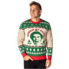 a man wearing an ugly christmas sweater with the image of ronald reagan on it's chest