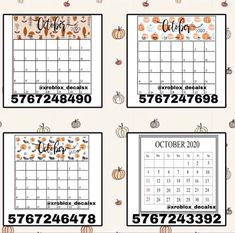 four calendars with pumpkins on them and the words october, october, november, oct