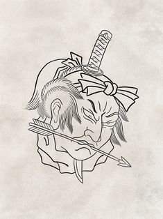 an ink drawing of a clown with a bow and arrow in his mouth holding a pencil