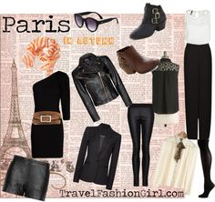 a collage of black and white outfits with the eiffel tower in the background