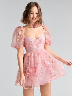 Romantic 3D Floral Embroidered Net Yarn Backless Short Dress Pink Party  Short Sleeve Knitted Fabric Colorblock,Floral,Plants,Butterfly,All Over Print A Line,Fit and Flare Non-Stretch  Women Clothing, size features are:Bust: ,Length: ,Sleeve Length: Puffy Sleeve Dress Hoco, Pink Tulle Embroidered Dress, Rose Dress Corset, Tulle Puff Sleeves Dress, Romantic Tutu Dress, Pink Off Shoulder Tulle Dress, Shien Hoco Dresses, Luxury Organza Mini Dress For Night Out, Prom Dress Puffy Sleeves Short