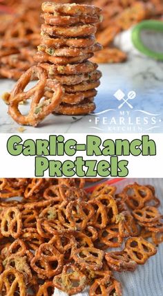 some pretzels stacked on top of each other with the words garlic ranch pretzels