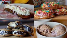 there are many different types of doughnuts and pastries on the table together