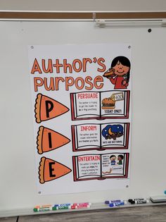 a poster on the back of a whiteboard that says author's purpose is pie