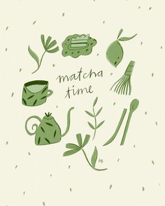 the words matcha time are surrounded by various items in green and white colors on a beige background