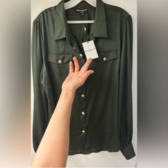 Generation Love Olive Two Pocket Blouse, Gold Buttons Size Xs Nwot Wear With Jeans Or Dress It Up. Either Way It Is Class ! 97% Polyester 3% Spandex Cheap Green Workwear Blouse, Pocket Blouse, Gold Blouse, Gold Buttons, Top Blouse, Womens Tops, Spandex, Green, Women Shopping