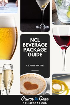 the ncl beverage package guide is shown in several different glasses, including wine and beer