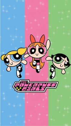 the powerpuff girls wallpaper with three cartoon characters in different colors and sizes