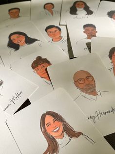 several cards with people drawn on them in different styles and colors, all showing the same person's face