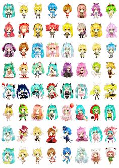 an assortment of anime characters with different colored hair colors and sizes, all in various poses