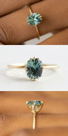 three different views of an engagement ring with blue stones on the side and green stone in the middle