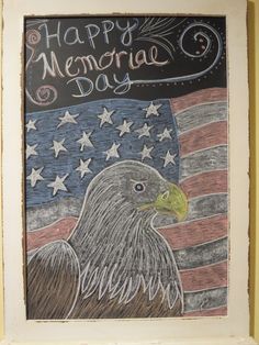 a chalkboard drawing of an eagle with the american flag on it's back