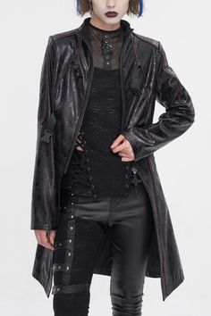 This long punk jacket is made of crackled fabric. Double buckles on the front. Cross zipper for putting on and off. Split on the front center. Slim fitted silhouette. Available in two colors. Color:  Black Materials:  Polyester; Resin Notice:  Other Accessories Are Not Included Style Types:  Punk Version:  Fitted Soft Index:  Fit Elastic Index:  Good Elastic Thickness Index:  Tran Sparent Size Length (in) Bust (in) Waist (in) Shoulder (in) Sleeve (in) Neckline (in) XS 39.4 37 29.9 15 24.8 14.6 S 39.8 39 31.9 15.6 25 15 M 40.2 40.9 33.9 15.9 25.2 15.2 L 40.6 42.9 35.8 16.5 25.4 15.6 XL 40.9 44.9 37.8 16.9 25.6 15.7 2XL 41.3 46.9 39.8 17.5 25.8 16.1 3XL 41.7 48.8 41.7 17.9 26 16.5 Size Length (cm) Bust (cm) Waist (cm) Shoulder (cm) Sleeve (cm) Neckline (cm) XS 100 94 76 38 63 37 S 101 99 81 Gothic Biker Jacket For Alternative Fashion, Gothic Long Sleeve Leather Jacket For Alternative Fashion, Alternative Fall Outerwear With Rivets, Edgy Long Sleeve Leather Jacket For Cosplay, Edgy Biker Jacket With Zipper For Alternative Fashion, Edgy Long Sleeve Biker Jacket For Cosplay, Gothic Black Outerwear With Rivets, Black Gothic Leather Jacket, Black Riveted Outerwear For Alternative Fashion