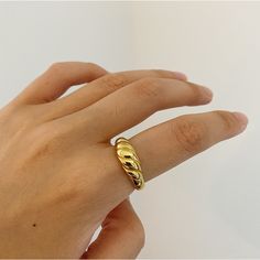 Cute Croissant ring made of stainless steel and 18k gold plated. This ring is lightweight and minimal. Wear it alone for a minimalist look or stack together with other stacking rings. ………………………………….D E T A I L S• Materials: Stainless Steel, 18k gold plating.• Available Size: US 6 (Diameter: 16.5mm), US 7 (Diameter: 17.3mm), US8 (Diameter: 18.2mm)• This product is hypoallergenic, water and tarnish resistant. Gold Minimalist Stainless Steel Ring, Gold Stainless Steel Minimalist Ring, Minimalist Gold Stainless Steel Rings, Gold Minimalist Dome Ring For Everyday, Everyday Gold Stainless Steel Rings, Minimalist Yellow Gold Couple Rings Tarnish Resistant, Minimalist Adjustable Gold Couple Rings, Minimalist Tarnish-resistant Yellow Gold Couple Rings, Minimalist Stainless Steel Midi Rings For Everyday