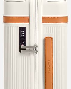 an orange and white suitcase is shown with the handle on it's latches