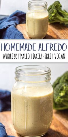 homemade alfredo sauce in a mason jar with broccoli on the side and text overlay