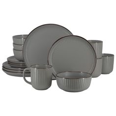 a set of grey dinnerware on a white background