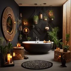 a bathroom with plants and candles on the floor, in front of a bathtub