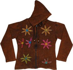 A stonewashed bark brown hooded cotton jacket with multicolored floral appliques on the front.  Made from knit cotton fabric this jacket is lightweight and comfortable, basically a hippie bohemian layer for when the season begin to change. #tlb #Stonewash #Applique #vacationclothing #Jacket #Fall #Floral #bohemianfashion #Handmade #XLPlus #HippieJacket #FallJacket #BohoHoodie #KnitCottonHoodie Hippie Cotton Hooded Outerwear, Brown Cotton Hoodie For Spring, Bohemian Cotton Hooded Outerwear, Hippie Hooded Hoodie For Fall, Bohemian Cotton Hoodie For Festival, Brown Long Sleeve Hooded Jacket For Spring, Hippie Cotton Outerwear, Hippie Style Long Sleeve Cotton Outerwear, Brown Cotton Hooded Jacket For Fall