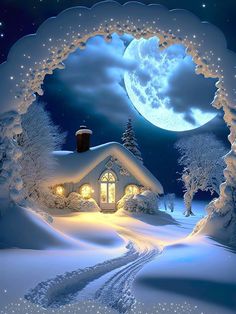 a snowy scene with a house in the middle and a full moon behind it, all lit up